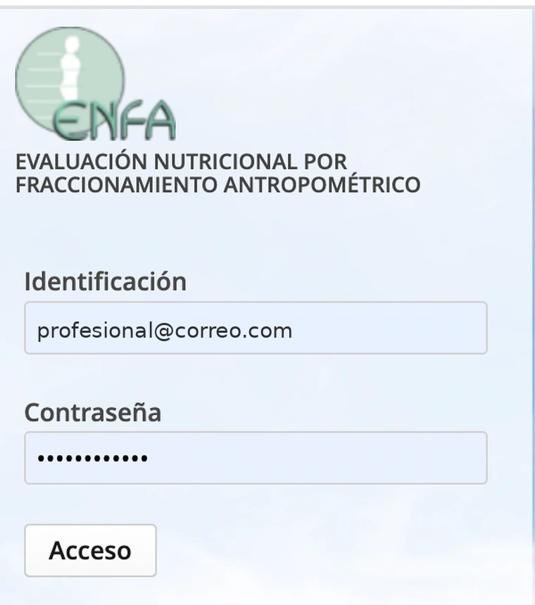 Pantalla de acceso a la aplicación ENFA