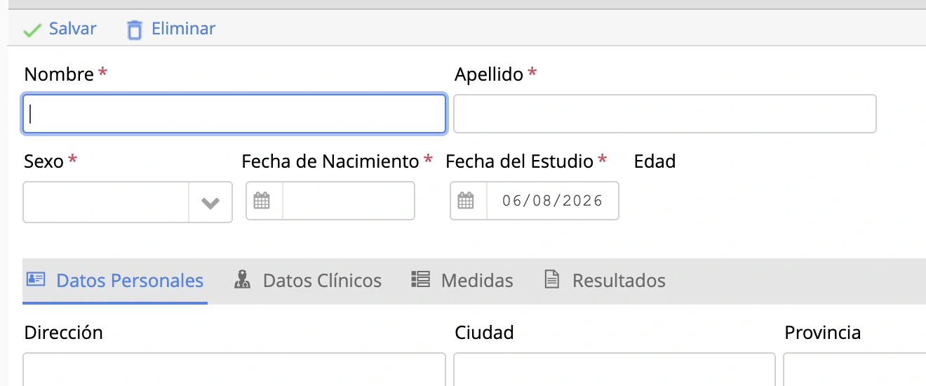 Formulario con los datos del paciente en la app ENFA