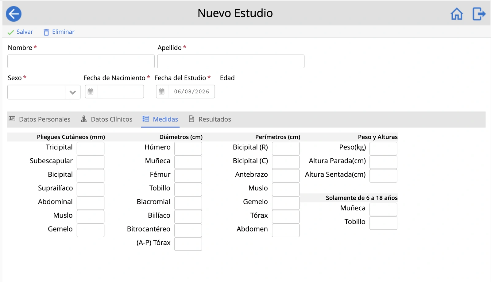 Pantalla de carga de medidas de la aplicación ENFA